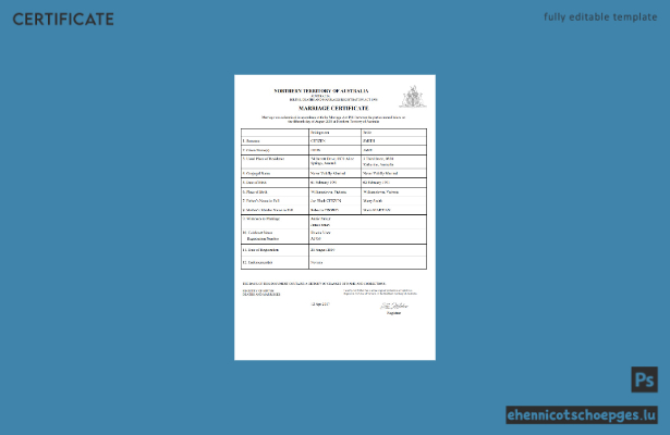 Heiratsurkunde des australischen Nordterritoriums in Word (Beispielvorschau)